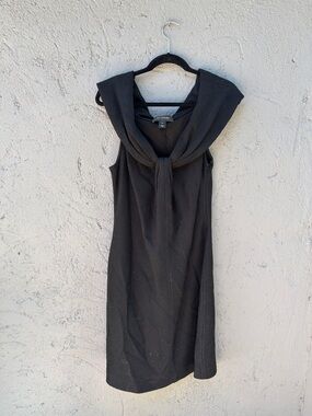 Sleeveless Black Knit Shift Dress with Draped Collar